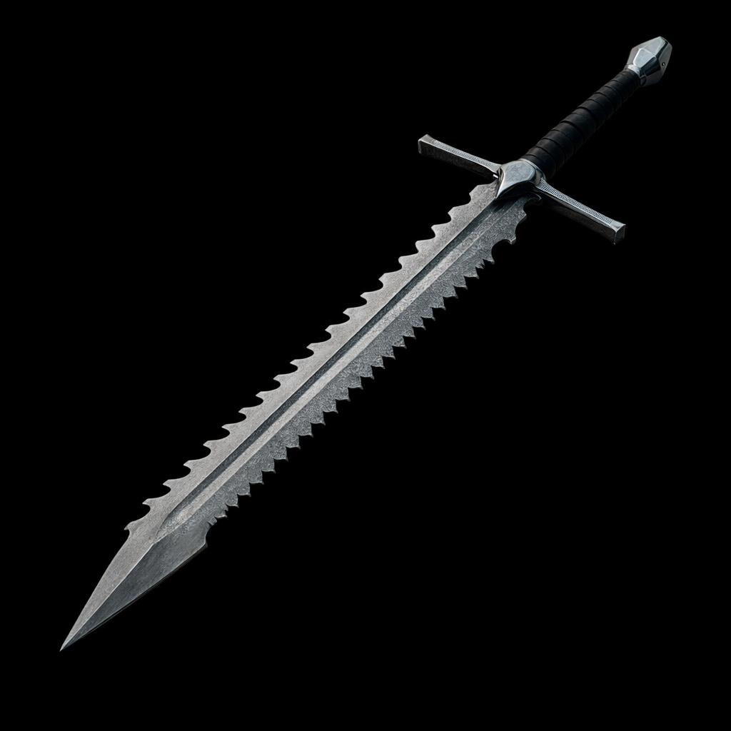 Medieval-style sword with a long, double-edged blade and black wrapped handle on stone ground