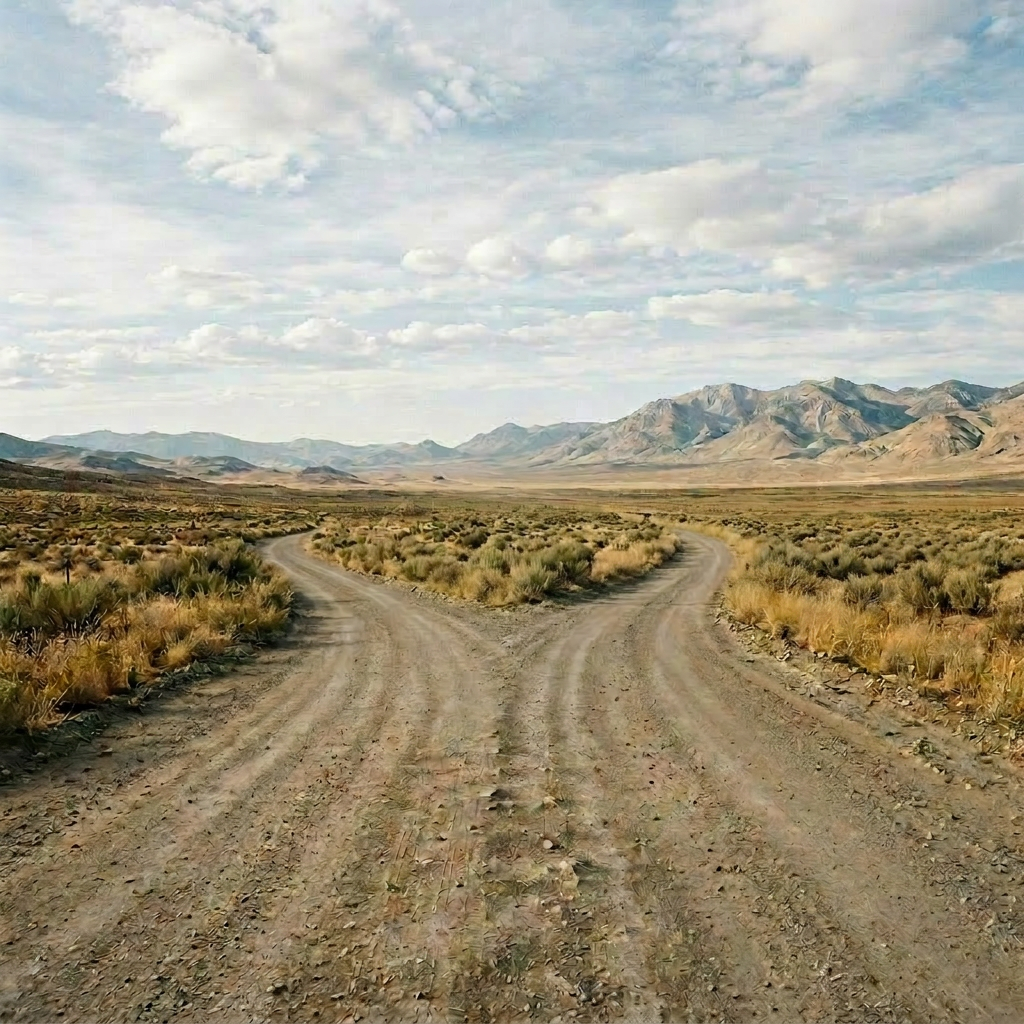 Dirt road leading through desert to mountains under a partly cloudy sky.