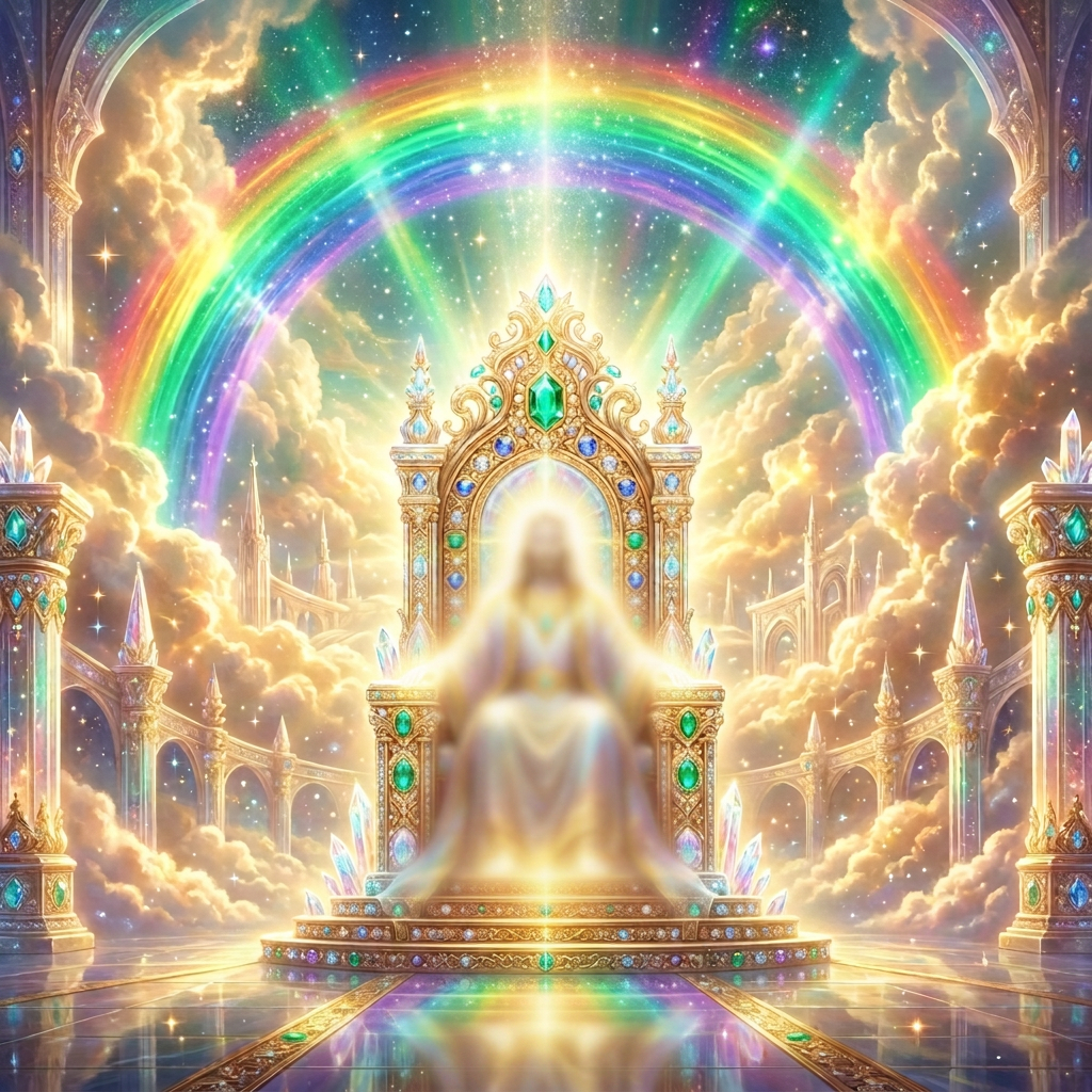 Radiant faceless figure seated on jeweled throne beneath a rainbow
