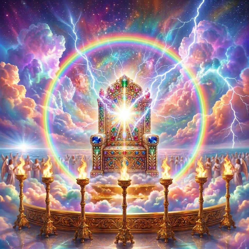 Radiant figure seated on jeweled throne amid lightning and candles